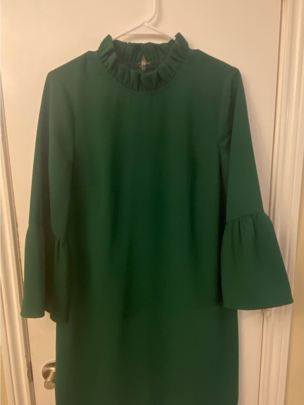 J.Crew Emerald Green Ruffle Neck 365 Crepe Bell Sleeve Shift Dress - Size 6